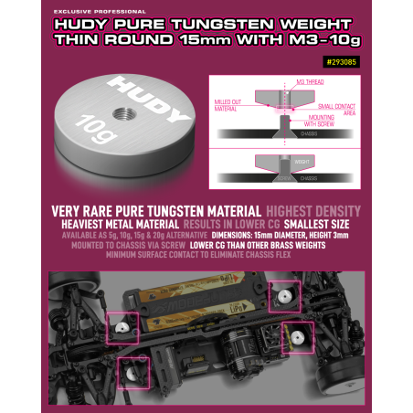 293085 - HUDY PURE TUNGSTEN WEIGHT THIN ROUND 15mm WITH M3 - 10g